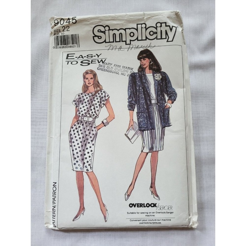 Simplicity 9045 Easy-to-Sew Dress & Jacket. Uncut. Size 22. Vintage